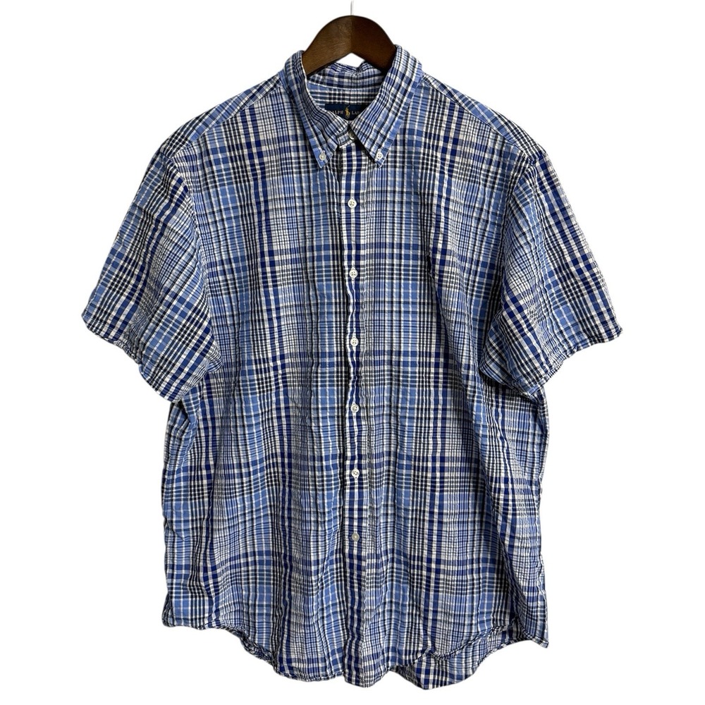 Ralph Lauren shirt mens‎ XL Seersucker blue white plaid preppy business casual